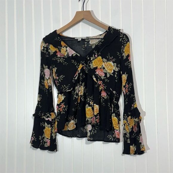 American Eagle XS Black Floral Ruffle Blouse Long Sleeve Boho Cottage Romantic - Picture 1 of 8